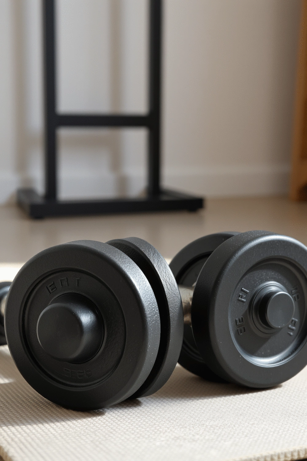 A pair of adjustable dumbbells neatly arranged on a clean, light-colored mat, with a focus on their textured handles and weight plates, in a minimalist home gym setting.