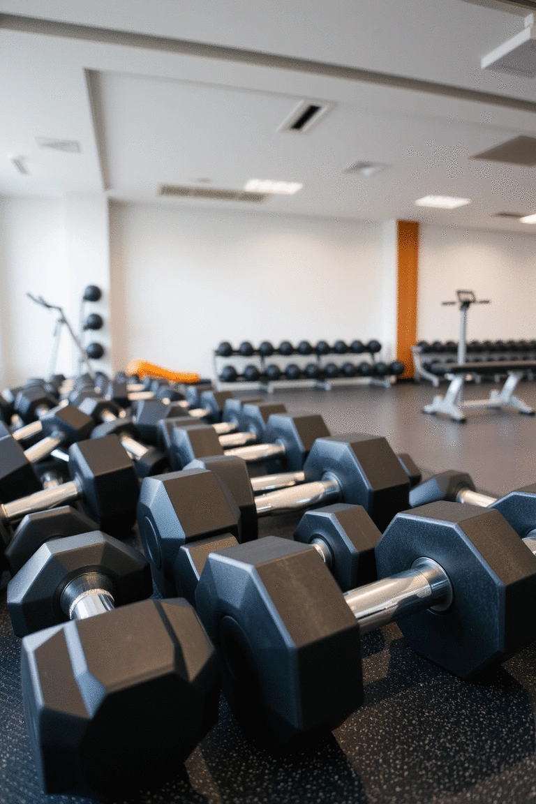A variety of dumbbells including adjustable, hex, and kettlebell styles on a gym floor