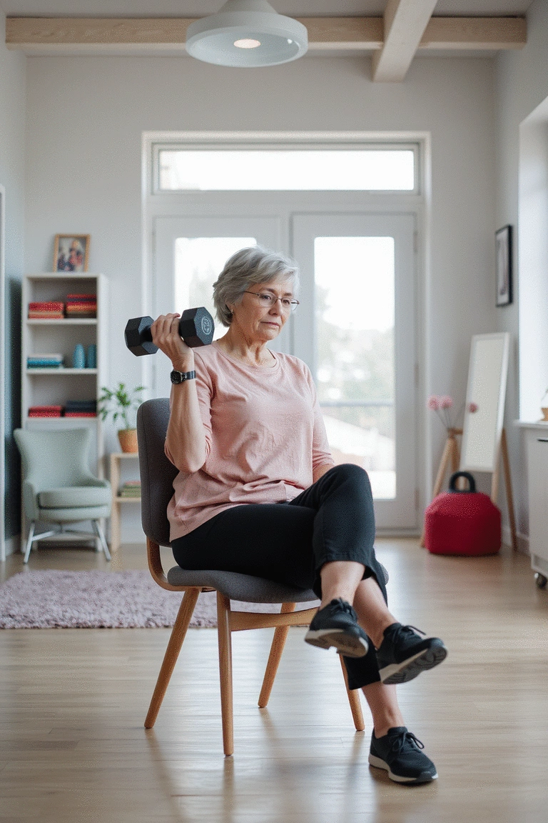 An elderly woman performing seated dumbbell press while smiling
