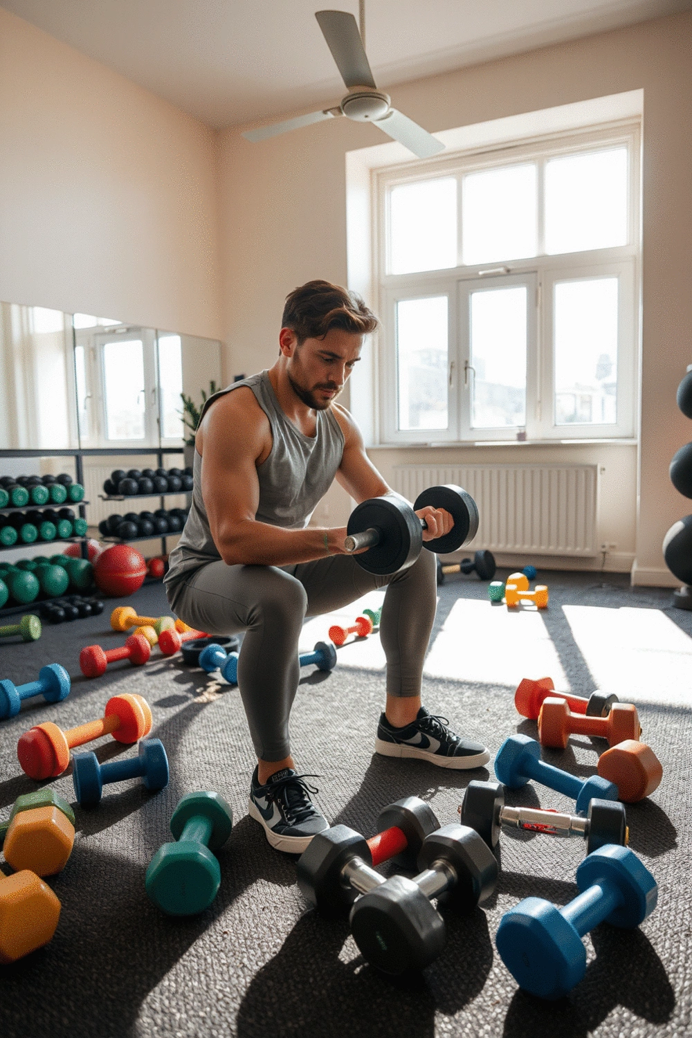 A fitness enthusiast exploring different workout routines with dumbbells