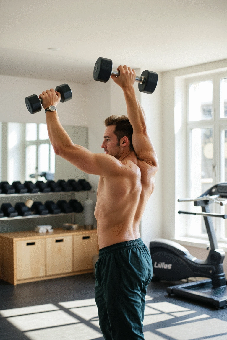 Individual executing a dumbbell lateral raise with excellent form, bright setting