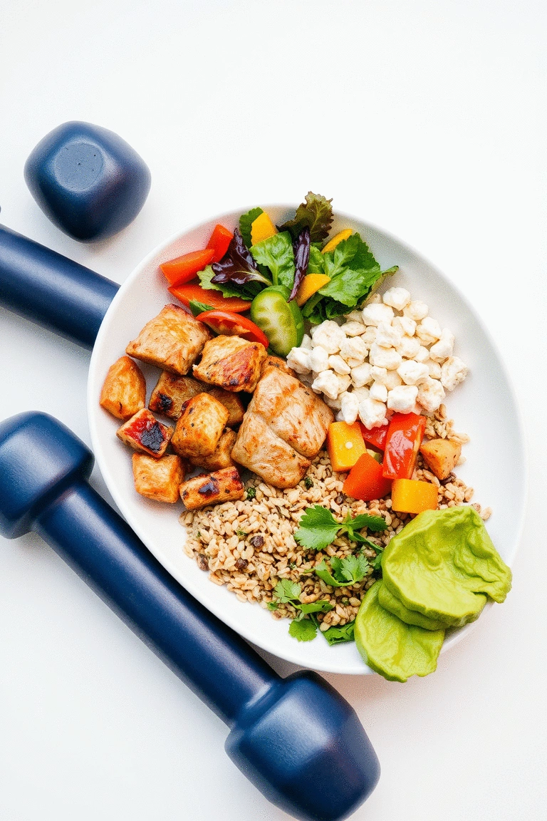 A well-balanced meal with protein, vegetables, and carbs on a table next to dumbbells