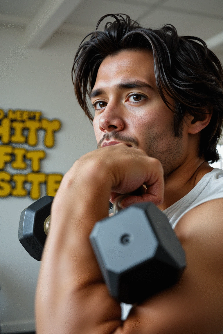 Individual performing a bicep curl with dumbbells in a bright room