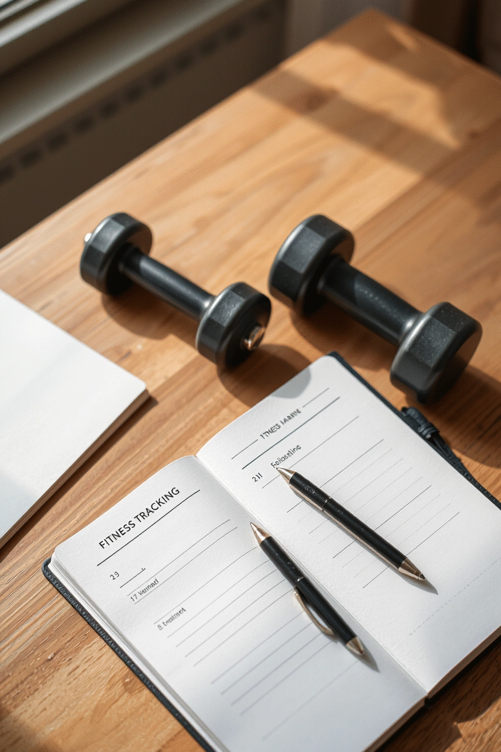 A journal open to a fitness tracking page with a pen, next to a small dumbbell, symbolizing consistency and progress monitoring.