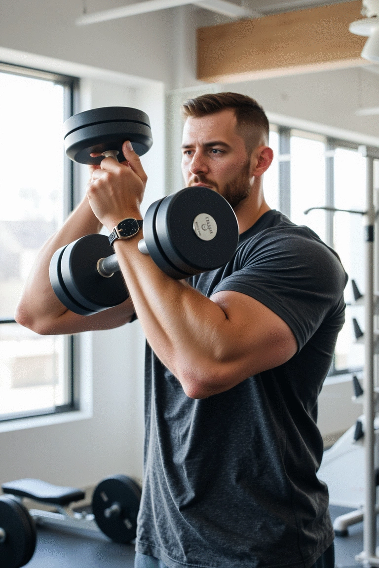 Athlete performing a dumbbell shoulder press in a light-filled gym