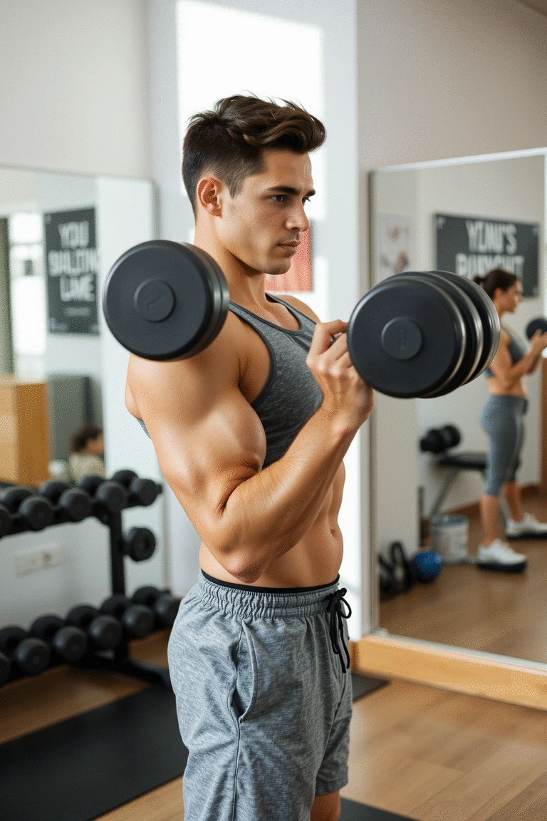 Beginner practicing dumbbell lifting technique with proper form