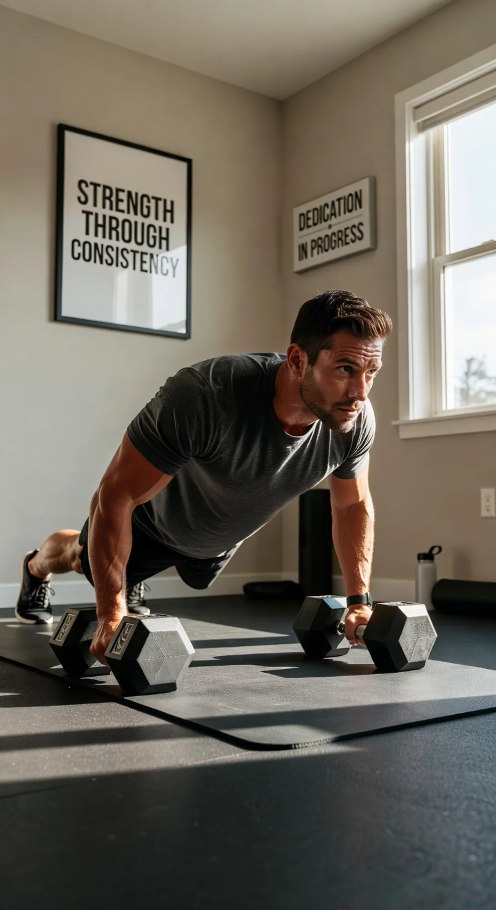 Push-Up and Dumbbell Hybrid Move That Loads the Chest on the Floor