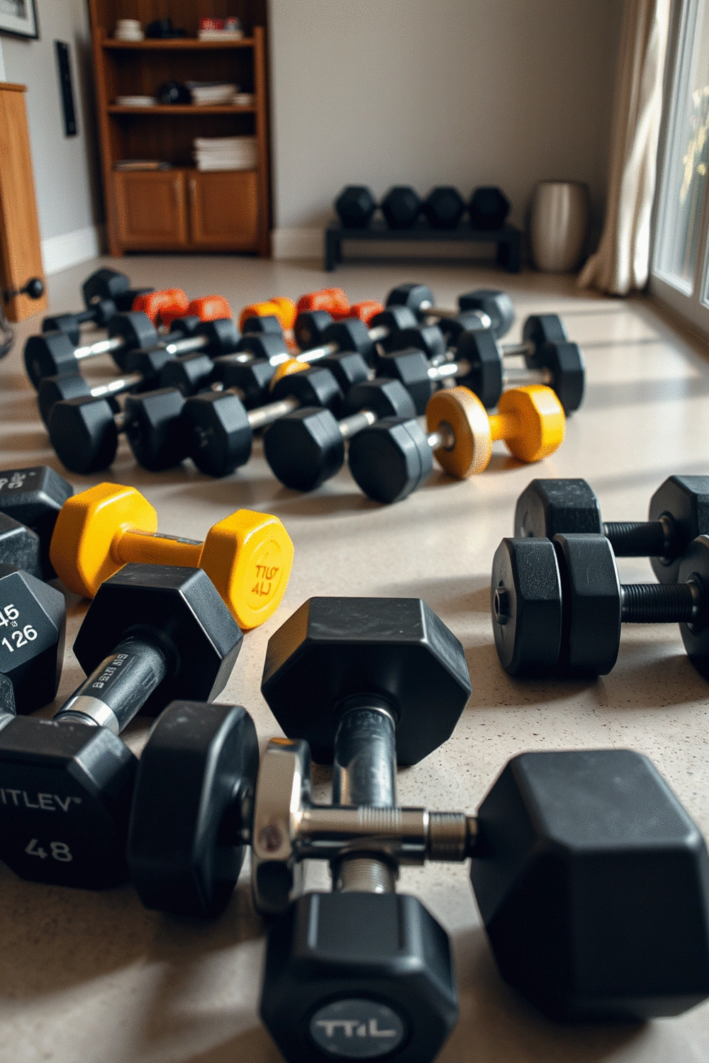 Assortment of dumbbells on a clean, light-colored gym floor