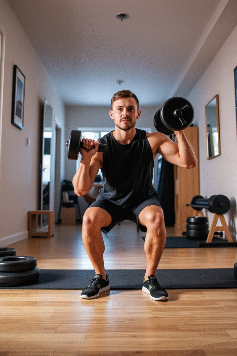 Individual performing a dumbbell squat with proper form and technique, bright surroundings