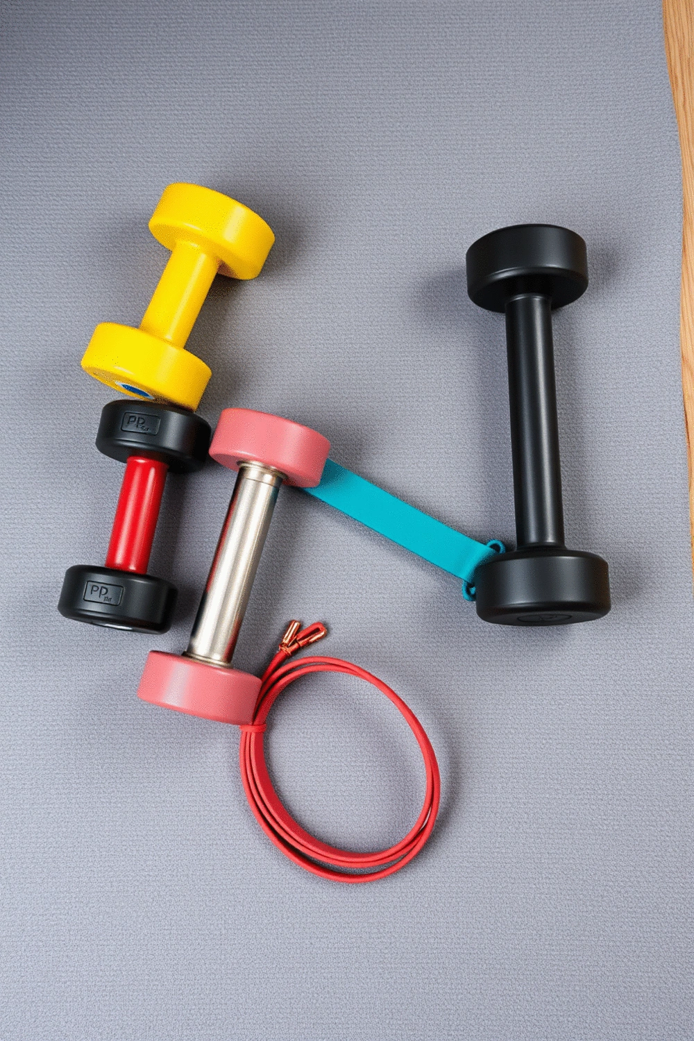 Arrangement of various dumbbells and a resistance band on a clean, grey mat, indicating a home workout setup.