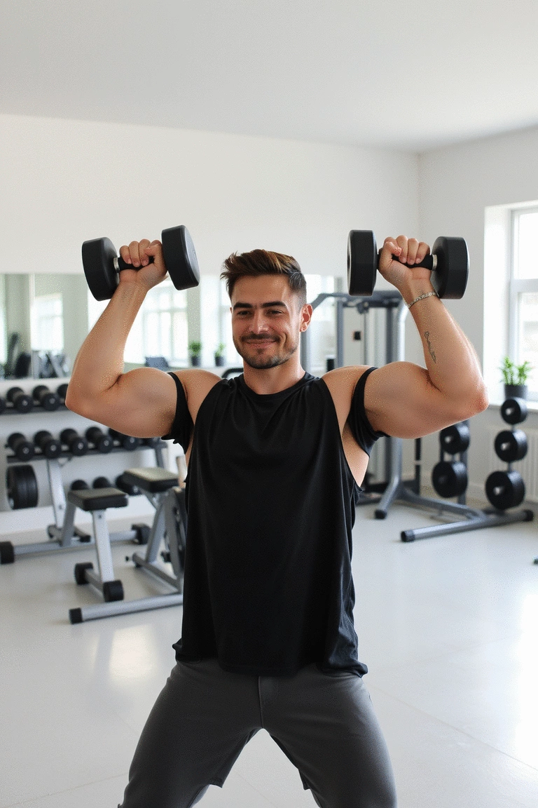 Beginner executing a dumbbell shoulder press with correct form