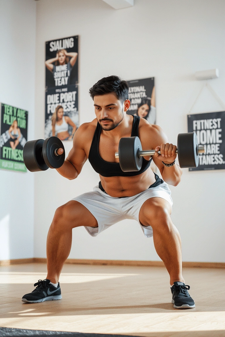 Person doing a dumbbell squat in a bright home gym