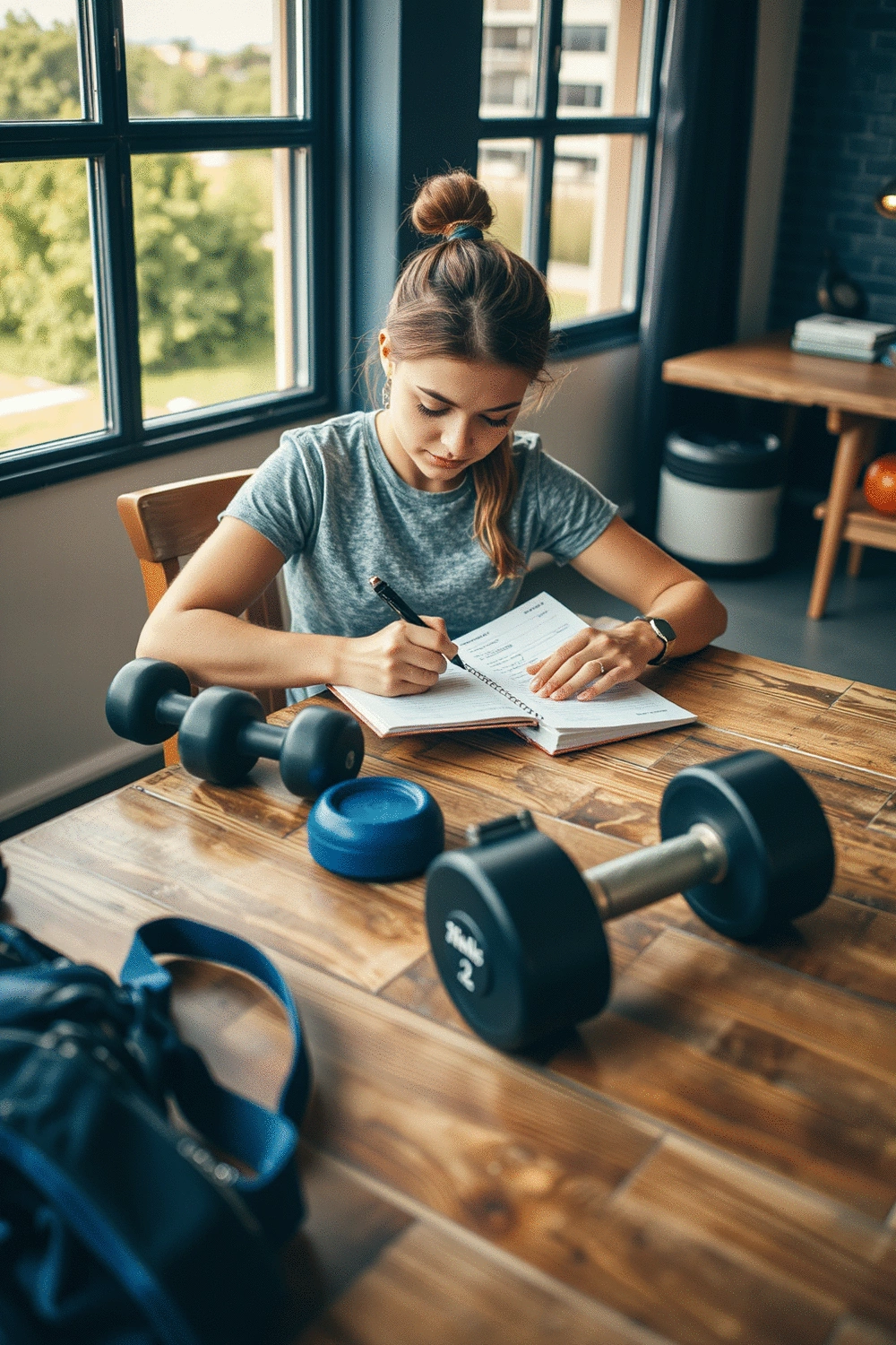 A focused individual setting dumbbell training goals in a fitness journal.