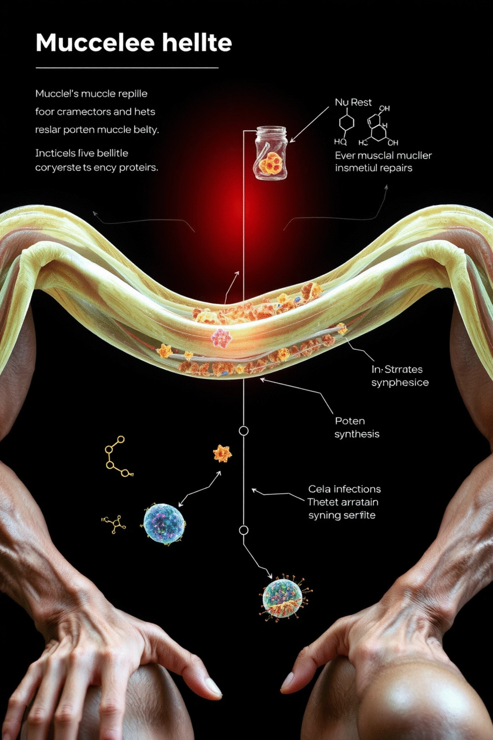 Scientific diagram illustrating muscle fiber repair and protein synthesis during rest