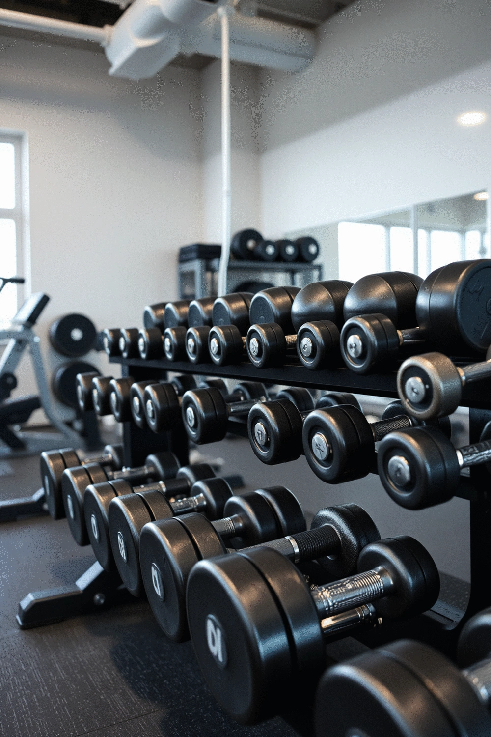 Various dumbbells on a gym rack, neatly organized by weight, in a well-lit home gym setting.