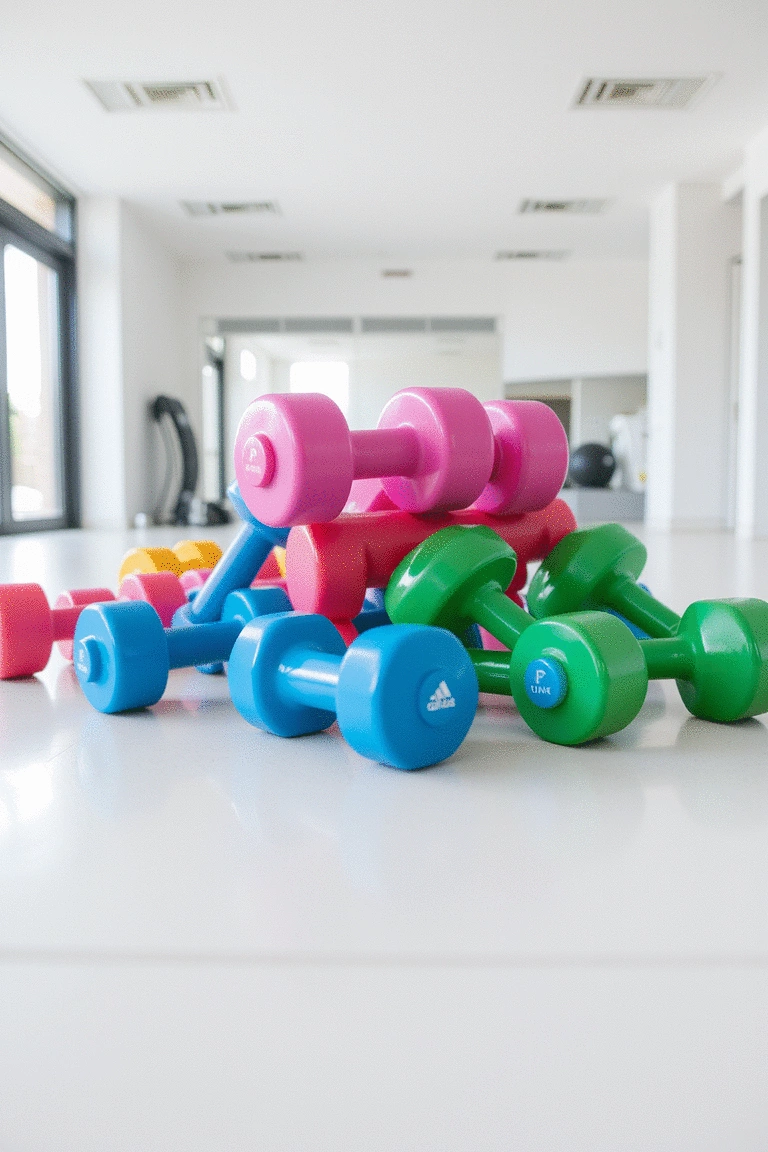 A pair of colorful dumbbells on a gym floor