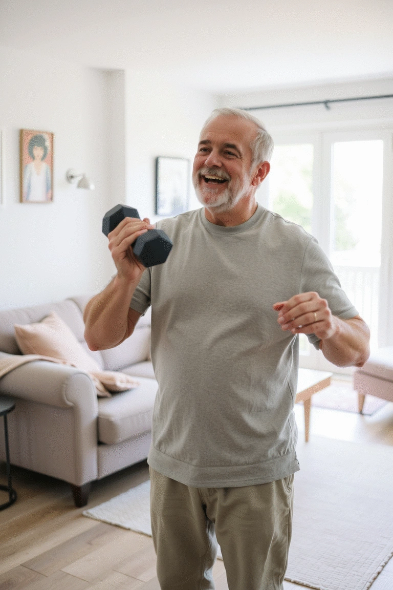An elderly person lifting a dumbbell in a bright living room