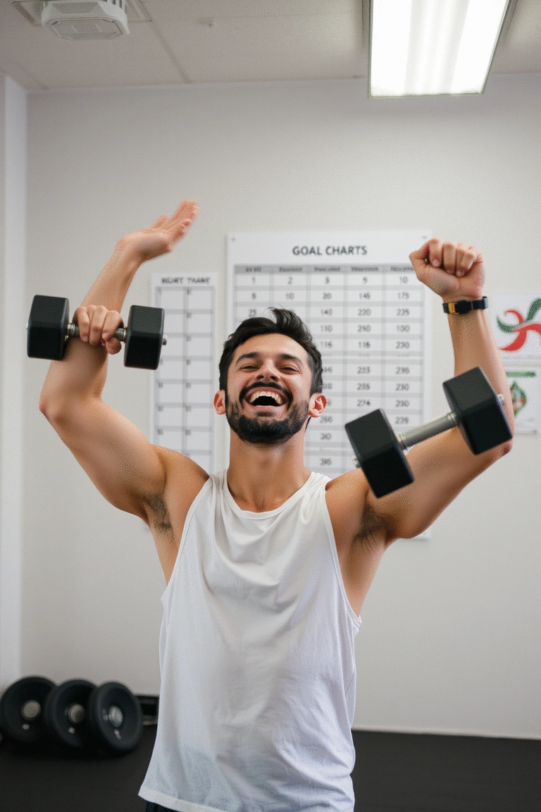 A person celebrating after a workout, holding dumbbells with a smile and a goal chart in the background