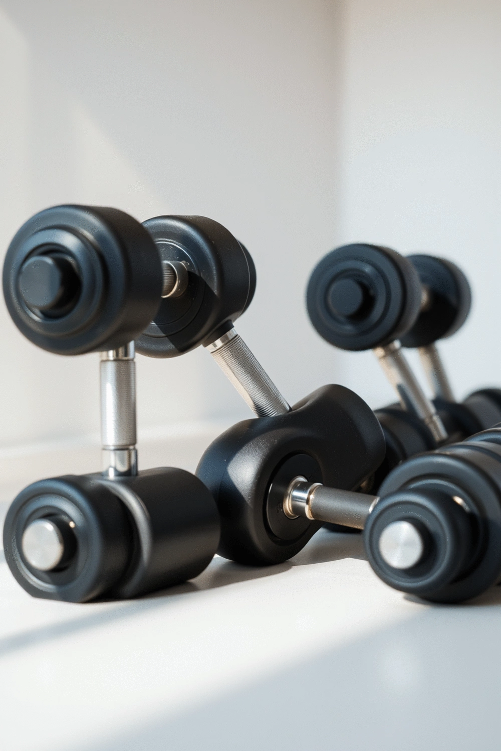 Various adjustable dumbbells lined up in a minimalist home gym setting