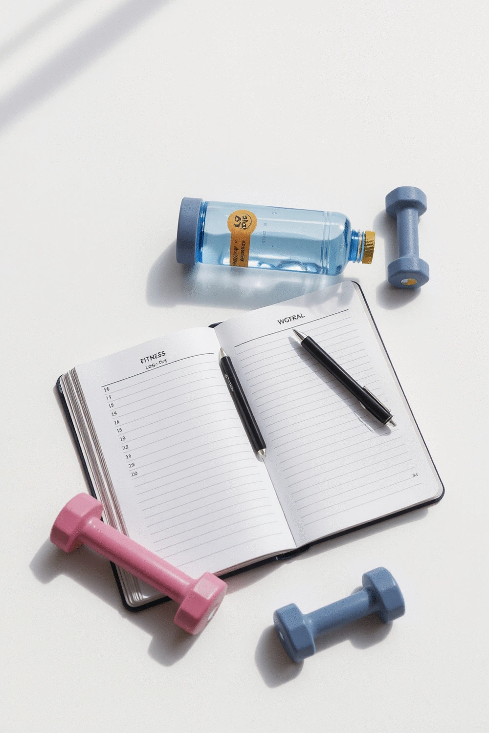 A fitness journal open to a workout log with a pen, surrounded by a water bottle and small dumbbells