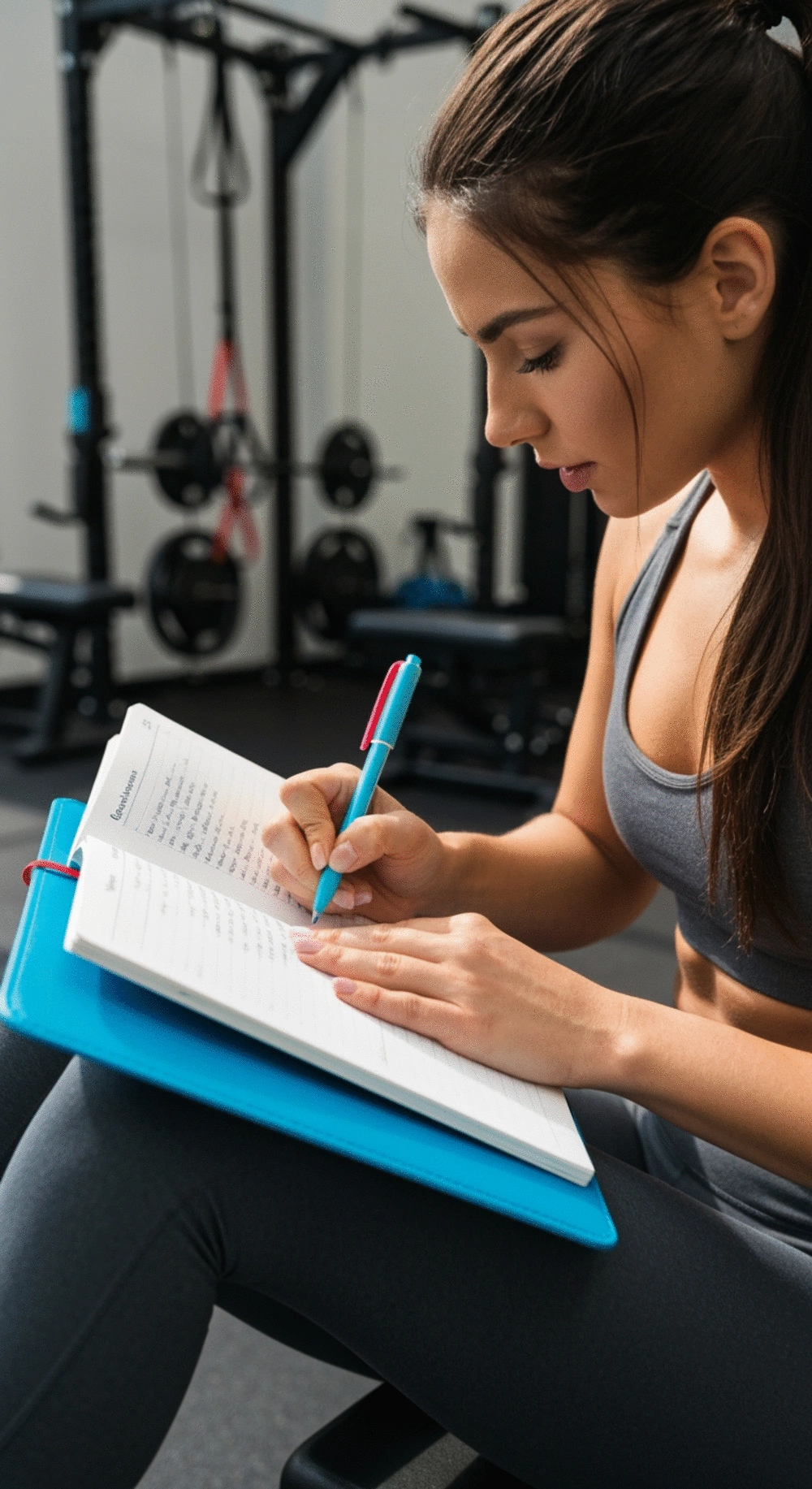 A person writing in a fitness journal, tracking weight lifting progress with a focused expression