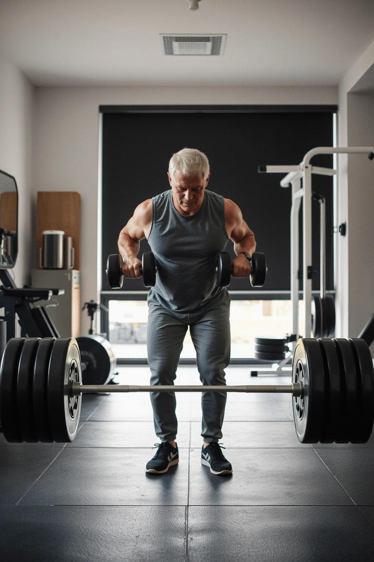 Individual over 40 demonstrating dumbbell deadlifts in a bright gym