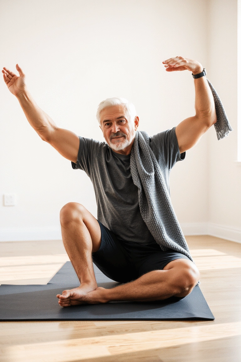 An elderly person stretching gently after a workout in a sunny room