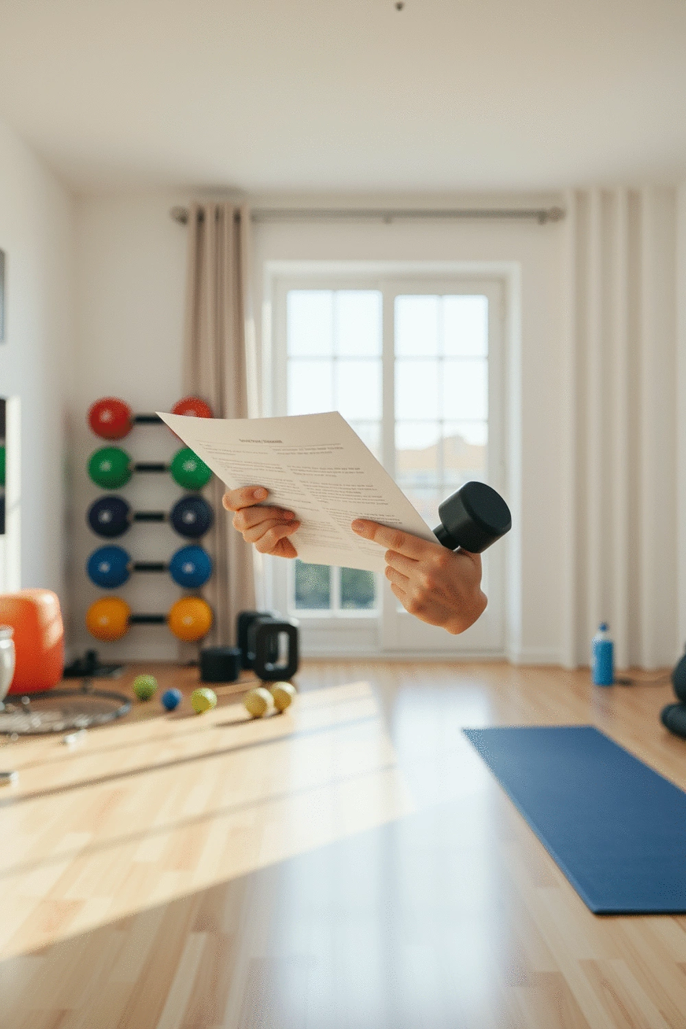 A person adjusting their dumbbell workout based on feedback in a home gym setting