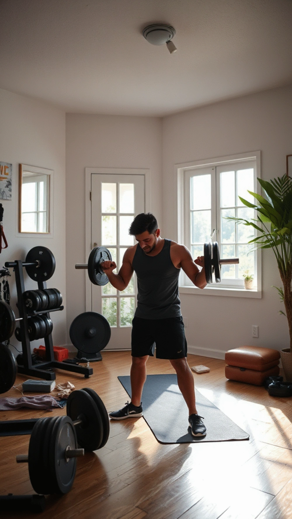 A person focused on a home workout, showcasing determination and safety while lifting weights
