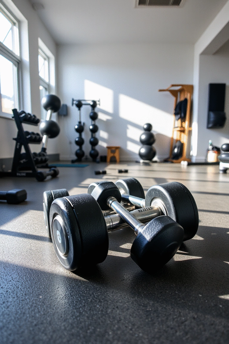 A set of adjustable dumbbells on a sleek home gym floor
