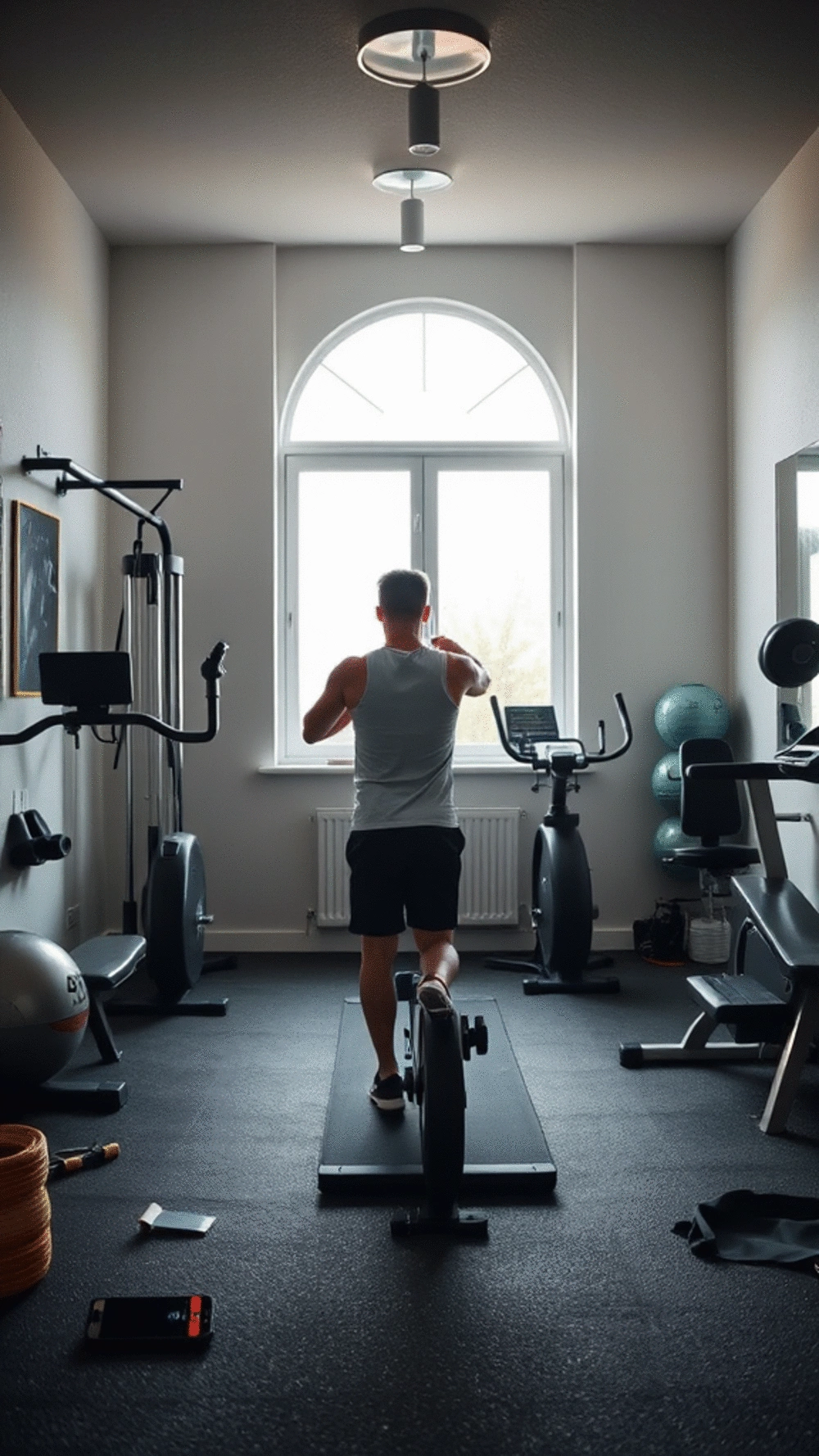 A person exercising alone in a home gym, prepared for emergencies with a phone nearby