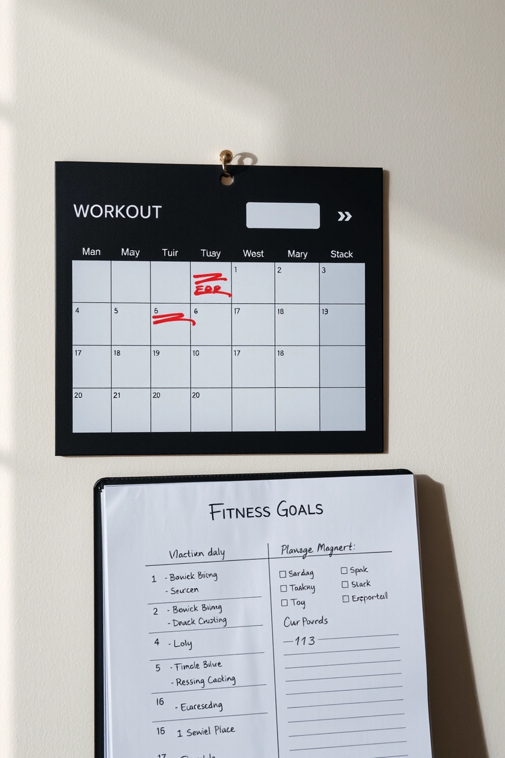 A calendar marked with workout days and a neatly organized planner, symbolizing goal setting and consistency in fitness.