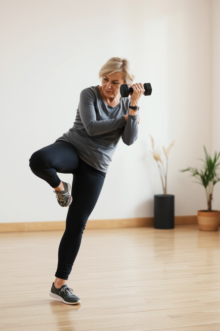 An elderly woman performing a single-leg dumbbell raise with focus