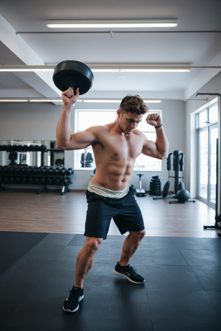 Fitness enthusiast performing a dumbbell thruster in a spacious gym