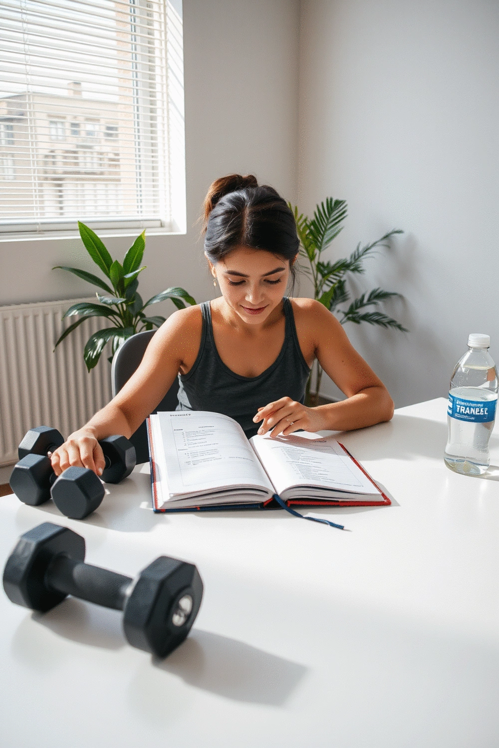 A person reviewing their workout progress with a fitness journal and dumbbells