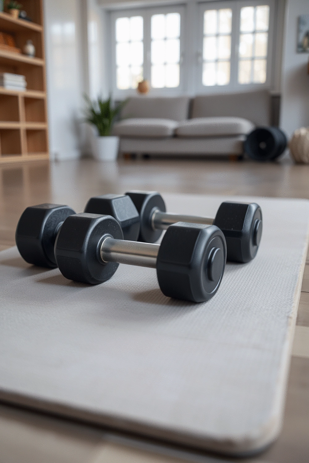 Arrangement of dumbbells on a clean, light-colored fitness mat in a home workout setting