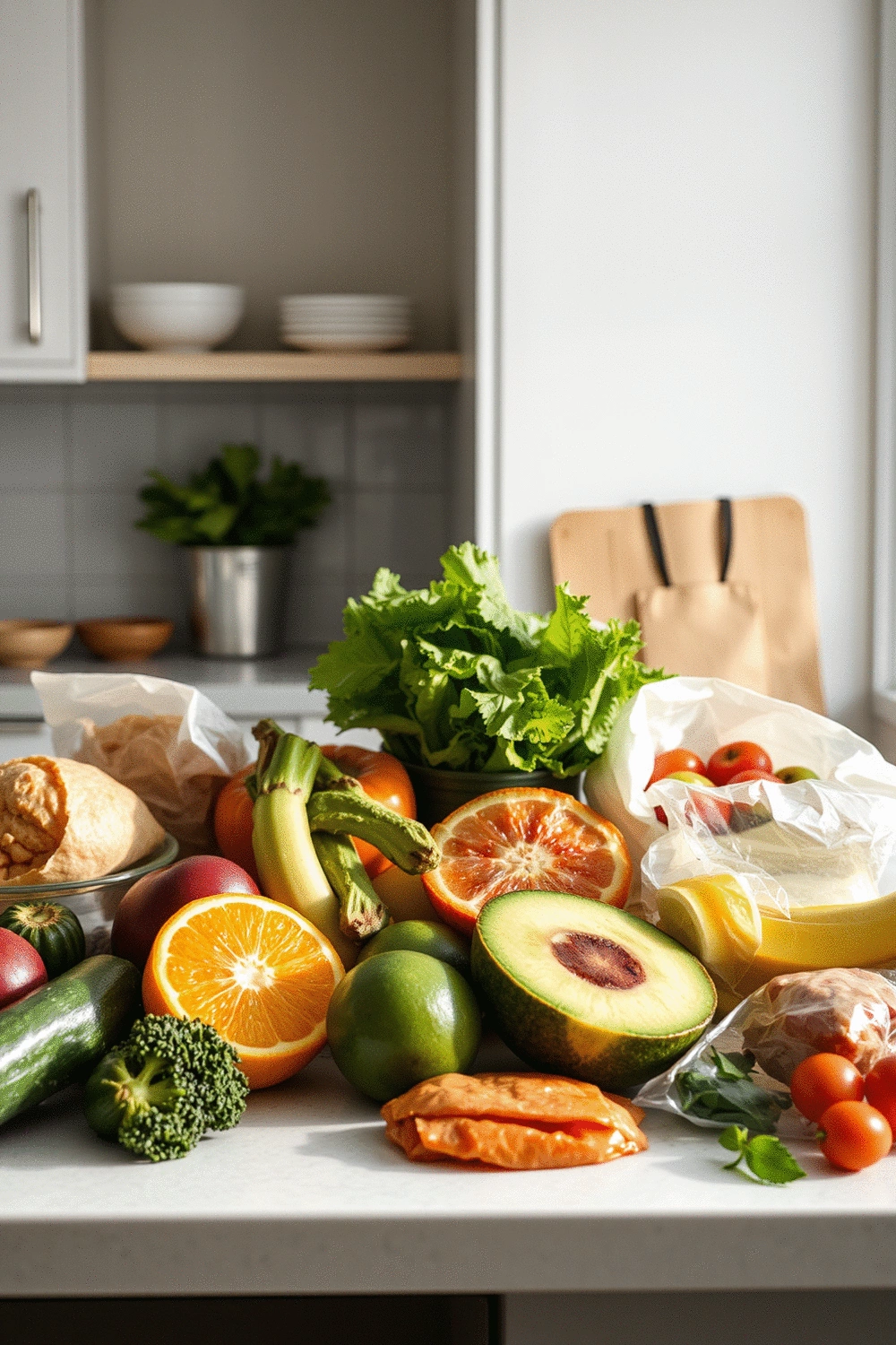 Still life of various healthy food items like fruits, vegetables, and lean protein sources on a kitchen counter