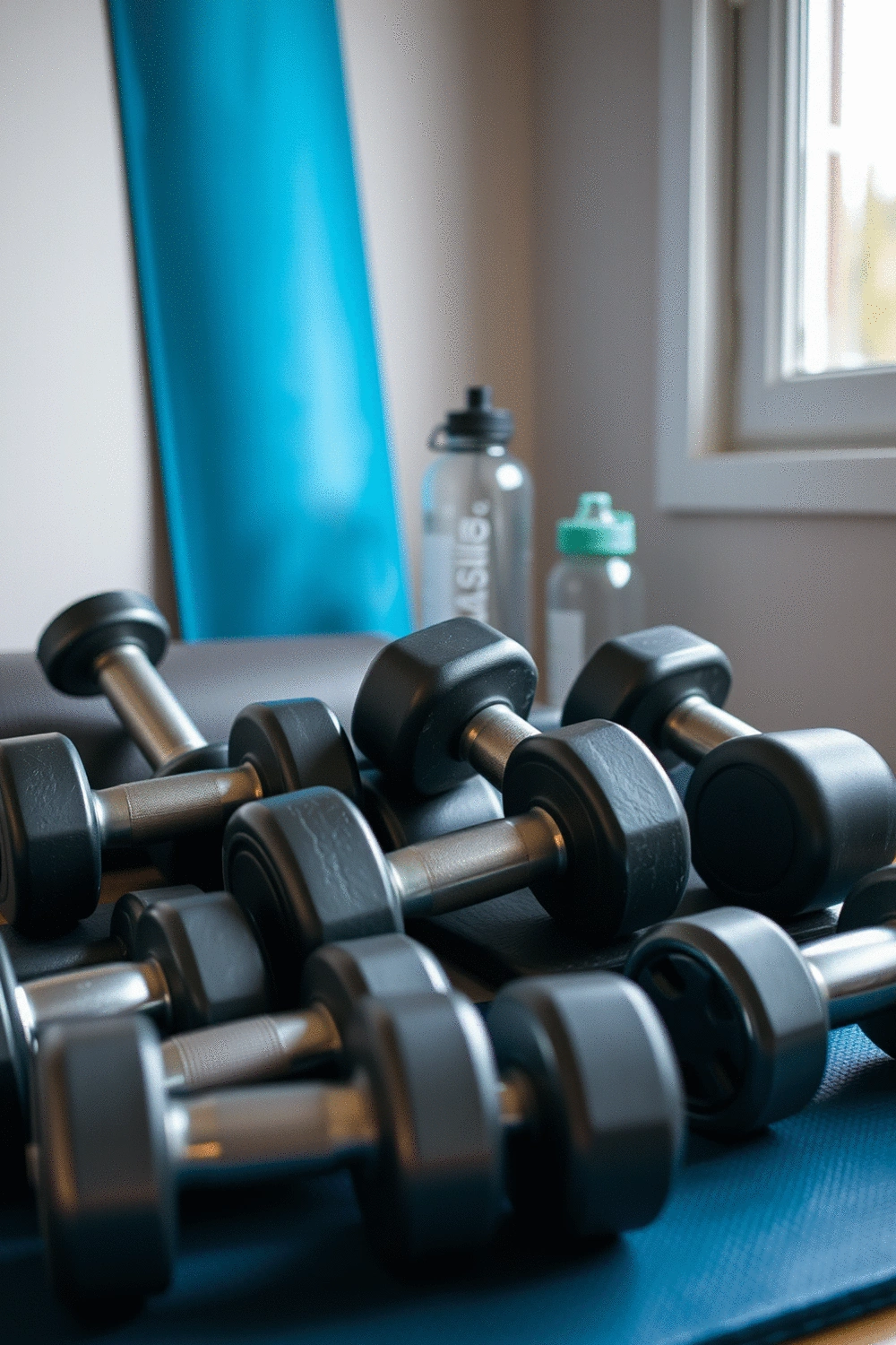 Arrangement of various dumbbells in a neat home gym setup