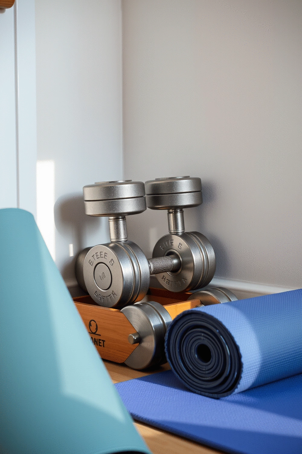 Adjustable dumbbells neatly stored in a compact living space