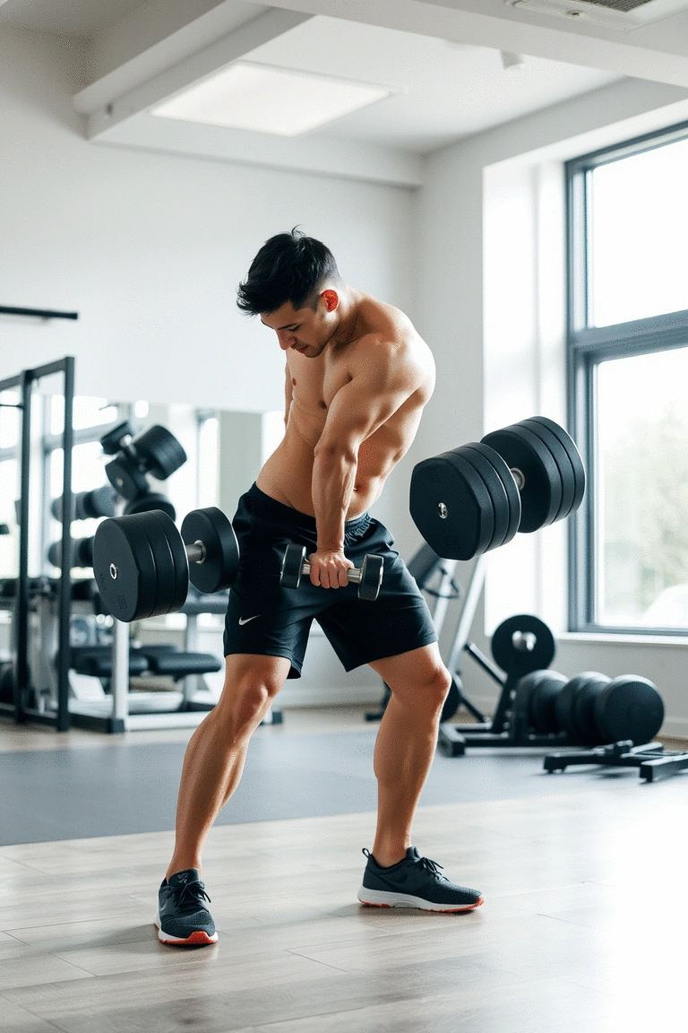 Athlete performing a dumbbell deadlift in a bright gym setting