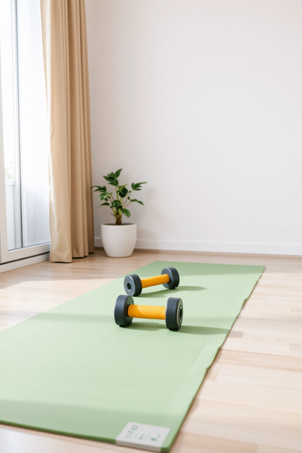 Clean, uncluttered home workout space with a yoga mat and adjustable dumbbells