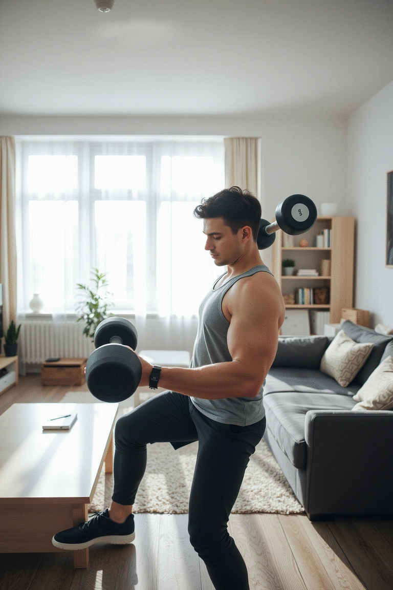 A beginner using dumbbells for a bicep curl in a home setting
