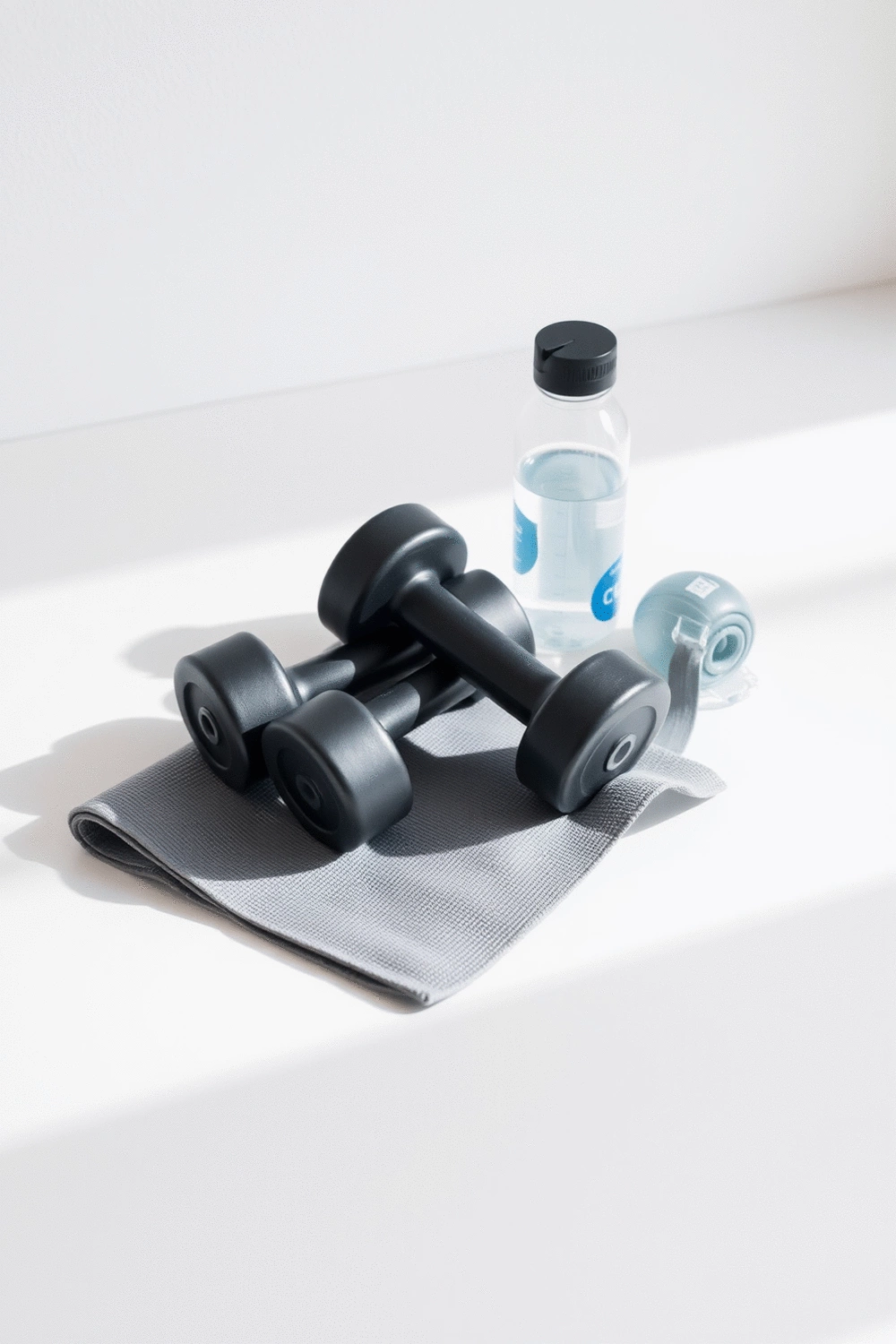A minimalist workout space with a set of dumbbells, a yoga mat, and a water bottle, emphasizing a clean and organized approach to fitness.