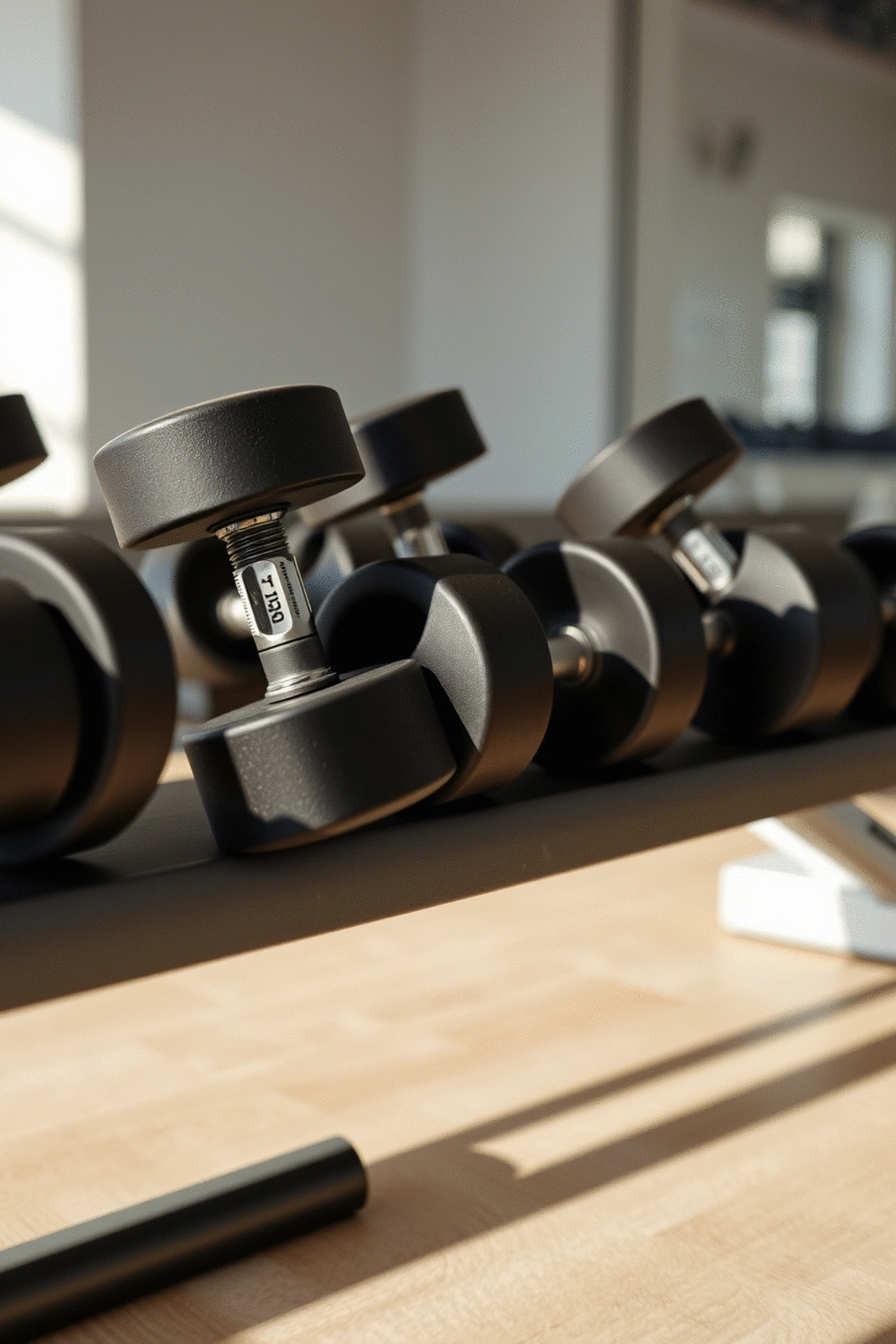 Close-up of adjustable dumbbells neatly arranged on a minimalist workout bench