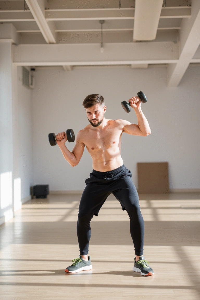 A person doing a dumbbell workout combined with cardio exercises like jumping jacks in a bright open space