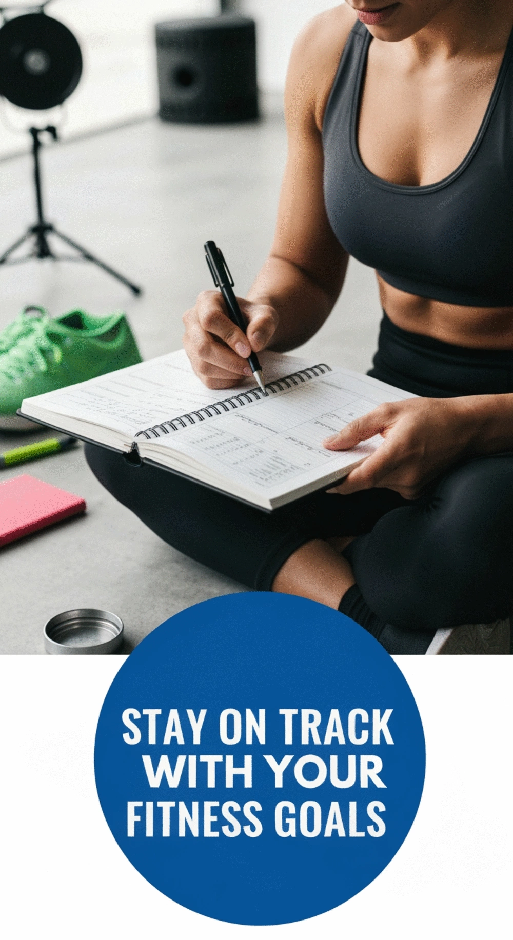 A person reviewing their workout plan with a fitness journal, showing progress tracking