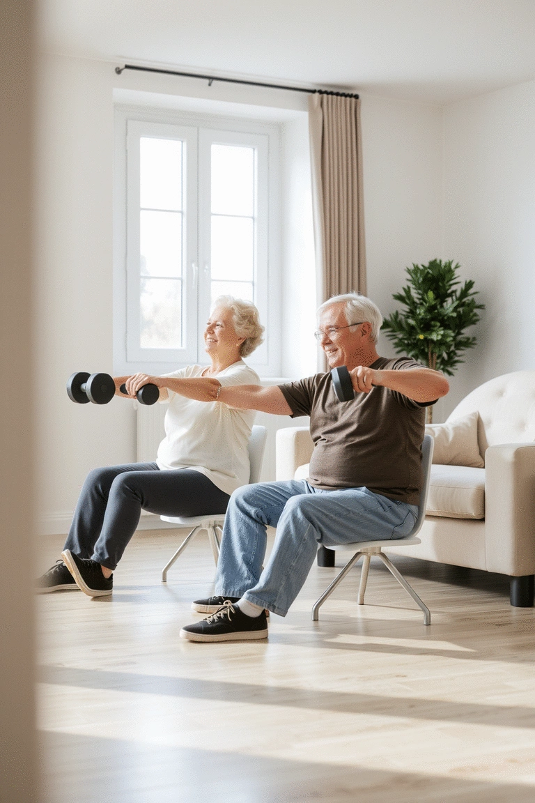 An elderly couple doing seated dumbbell twists together