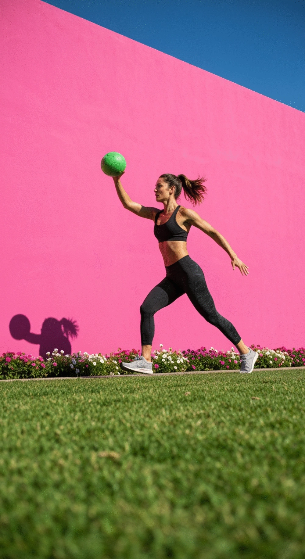 A fitness enthusiast performing dynamic stretches like arm circles and leg swings outdoors