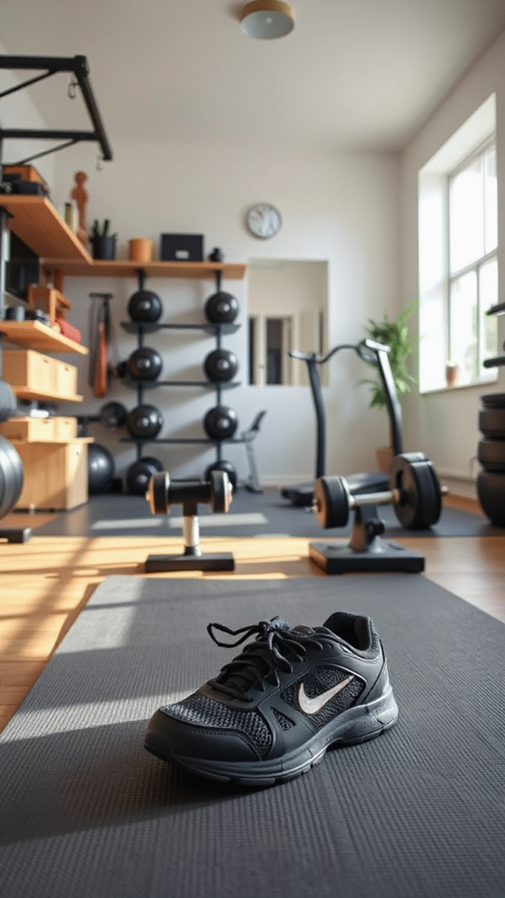A well-equipped home gym showcasing quality dumbbells and supportive shoes