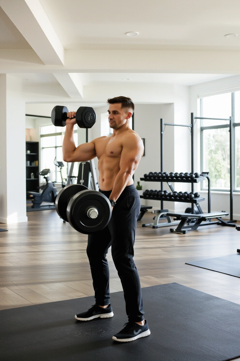 Person demonstrating a dumbbell deadlift with proper form, focusing on back alignment